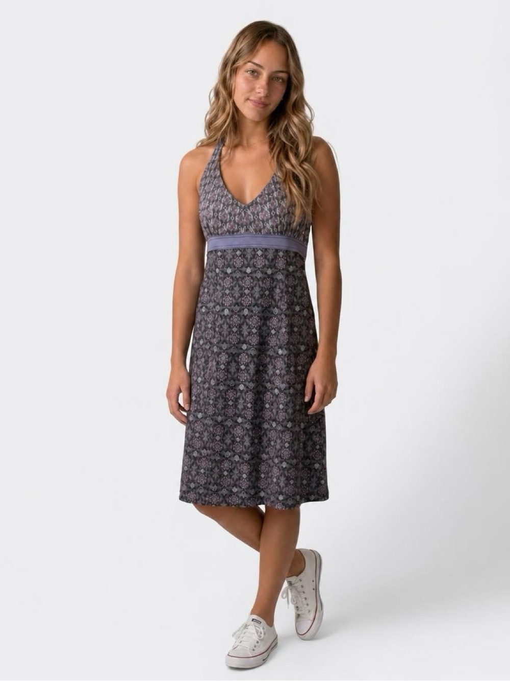 Athleta Lavender-Trimmed Purple Patterned Midi Dress